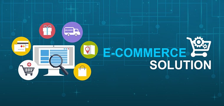 E-commerce solutions graphic featuring digital tools and devices like laptops, shopping carts, and analytics dashboards, illustrating strategies to optimize and grow an online store.